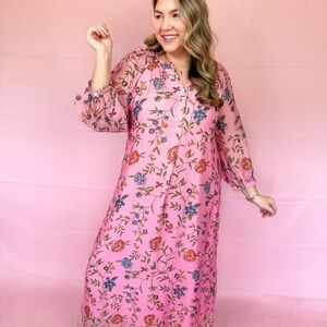 Pink Floral Long Sleeve Maxi Dress - Women (Large)
